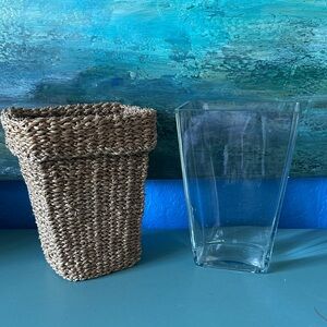 Woven Seagrass Basket with Glass Insert Utensil Holder/Planter/Vase